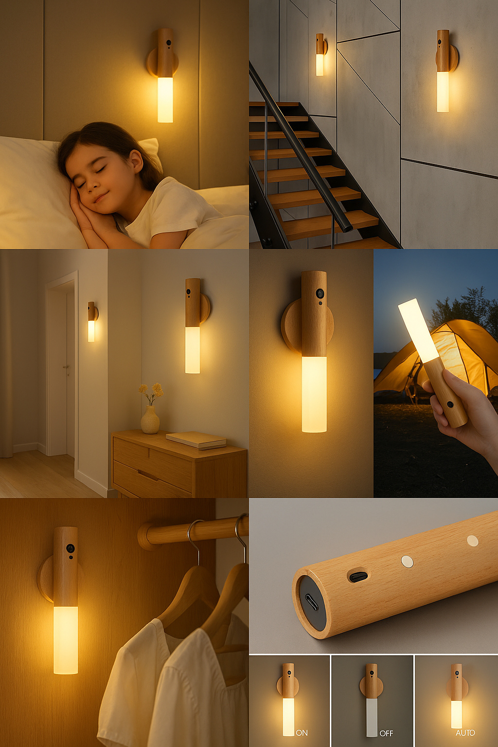 Magnetic Motion Sensor LED Night Light – Rechargeable Wooden Wall Lamp